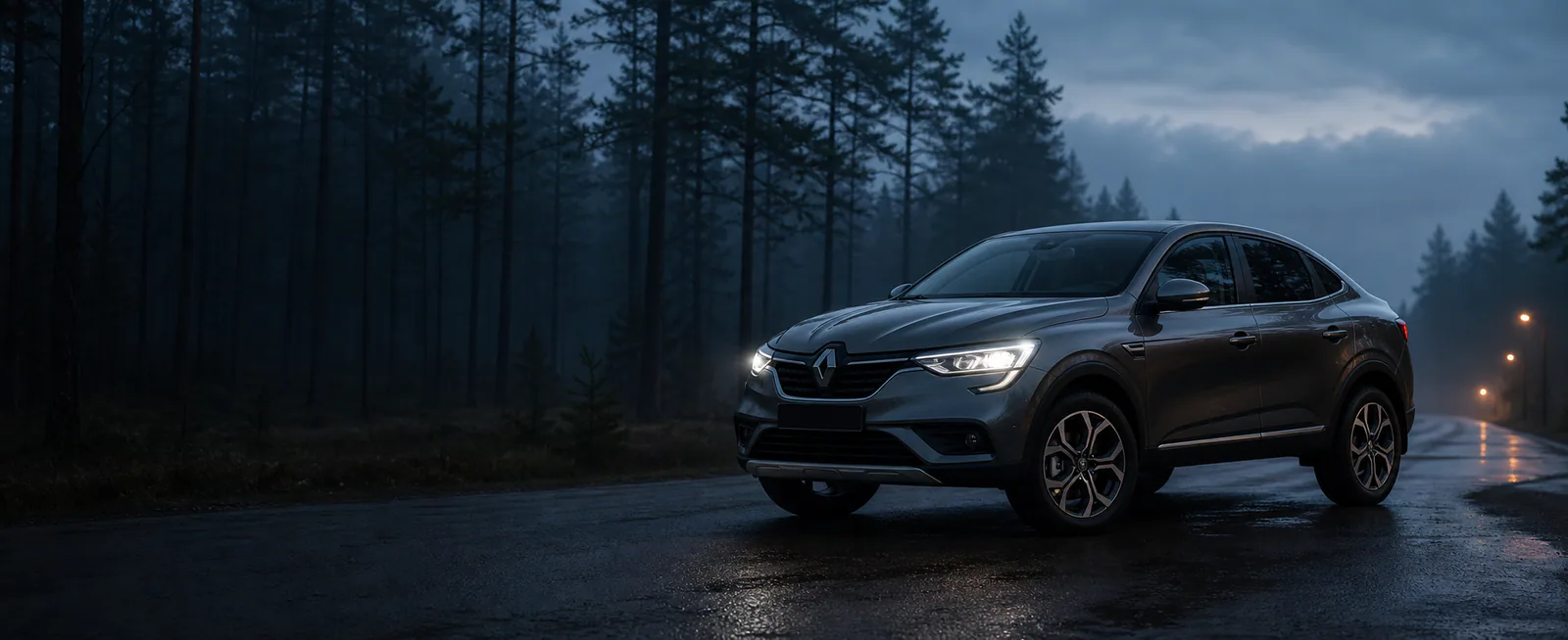 Renault Arkana на лесной дороге в сумерках
