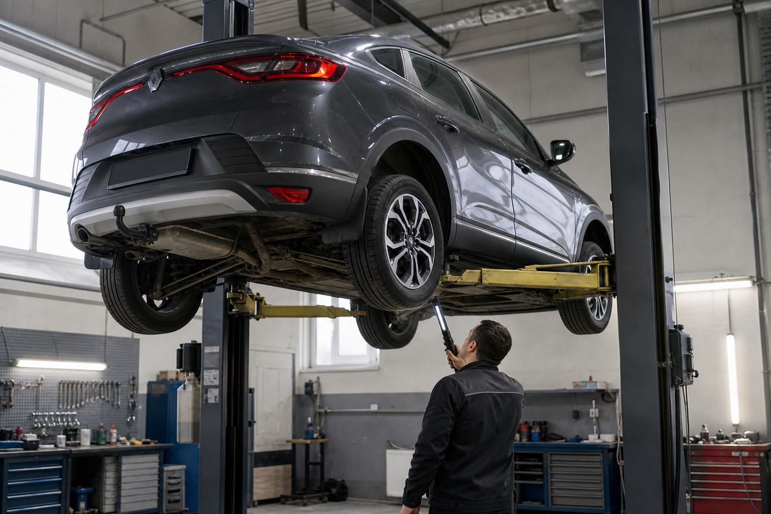 Renault Arkana на подъёмнике во время осмотра днища и трансмиссии